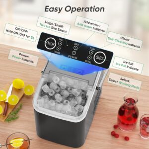 ANTONIA Countertop Ice Maker, Nugget Portable Ice Machine, 9 Bullet Ice Cubes in 6 Mins, 26.5lbs in 24Hrs Self-Cleaning with Handle, Basket, Scoop for Home, Kitchen/Party/Camping/RV. - Black