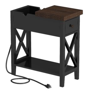 ChooChoo End Table with Charging Station, Accent Small Side Table Nightstand for Living Room, Bedroom, and Small Spaces, Rustic Black