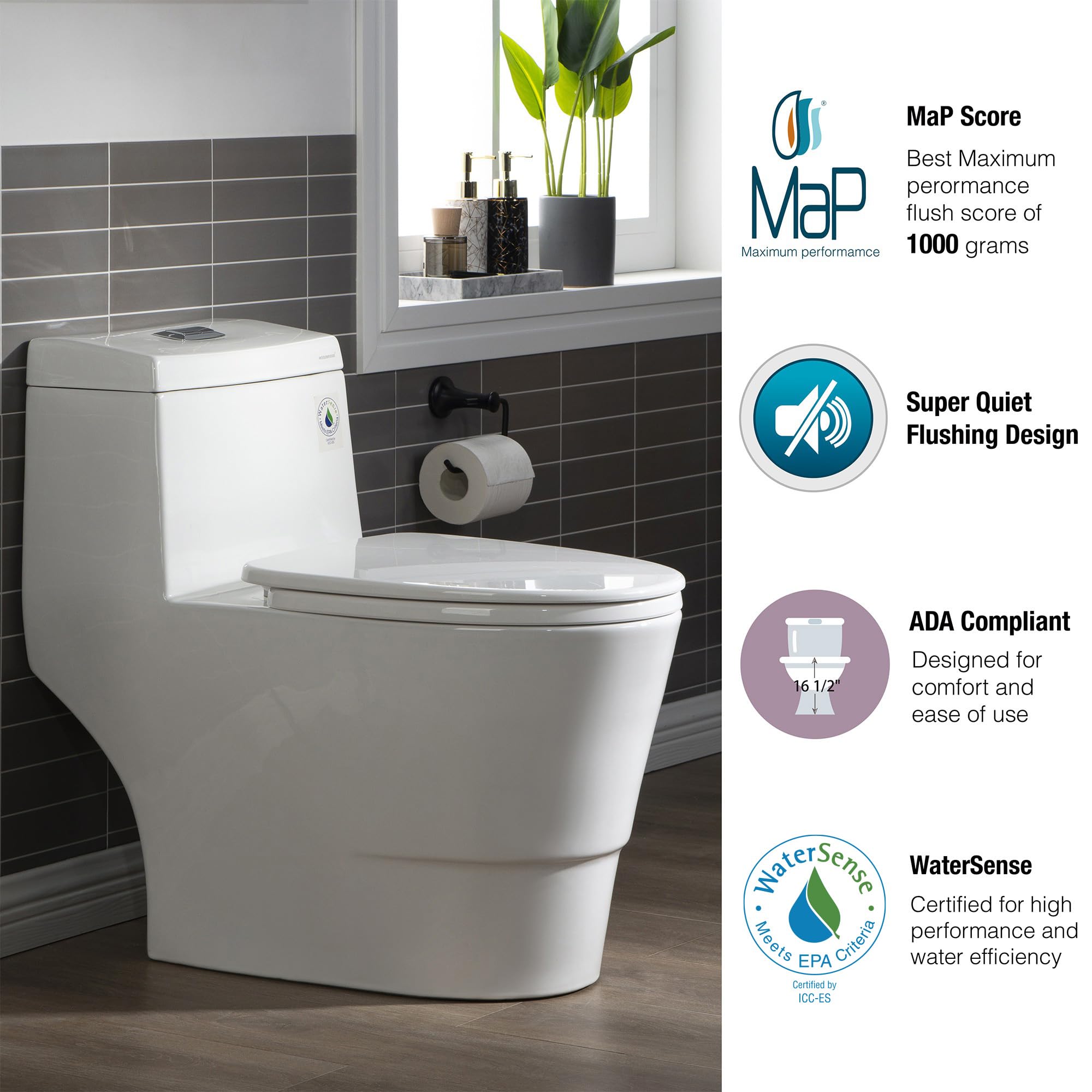 WOODBRIDGEE One Piece Toilet with Soft Closing Seat, Chair Height, 1.28 GPF Dual, Water Sensed, 1000 Gram MaP Flushing Score Toilet with Chorme Button, White,T0001-F-C