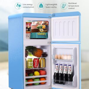 EUASOO FLS-80-Blue 3.5Cu.Ft Compact Refrigerator, Small Refrigerator with freezer, Retro Fridge with Dual Door, 7 Level Adjustable Thermostat for Garage, Dorm,Bedroom, Office, Apartment