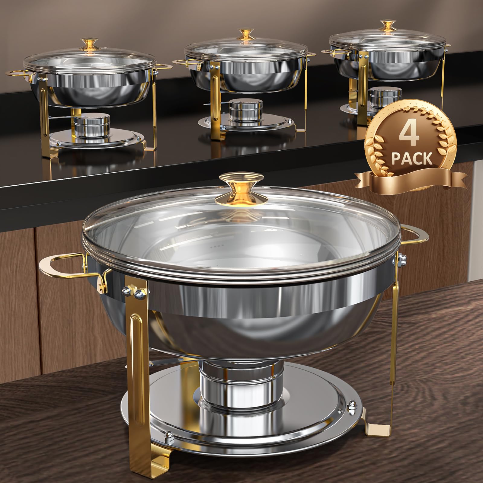 Amhier 5 Qt Chafing Dishes for Buffet with Glass Lid and Holder, Stainless Steel Chafing Dish Buffet Set with Food and Water Pans for Parties and Weddings, Gold, 4 Pack