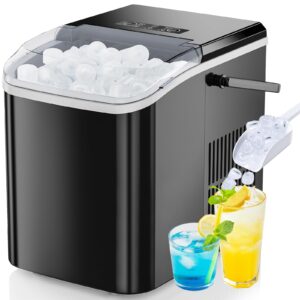 antonia countertop ice maker, nugget portable ice machine, 9 bullet ice cubes in 6 mins, 26.5lbs in 24hrs self-cleaning with handle, basket, scoop for home, kitchen/party/camping/rv. - black