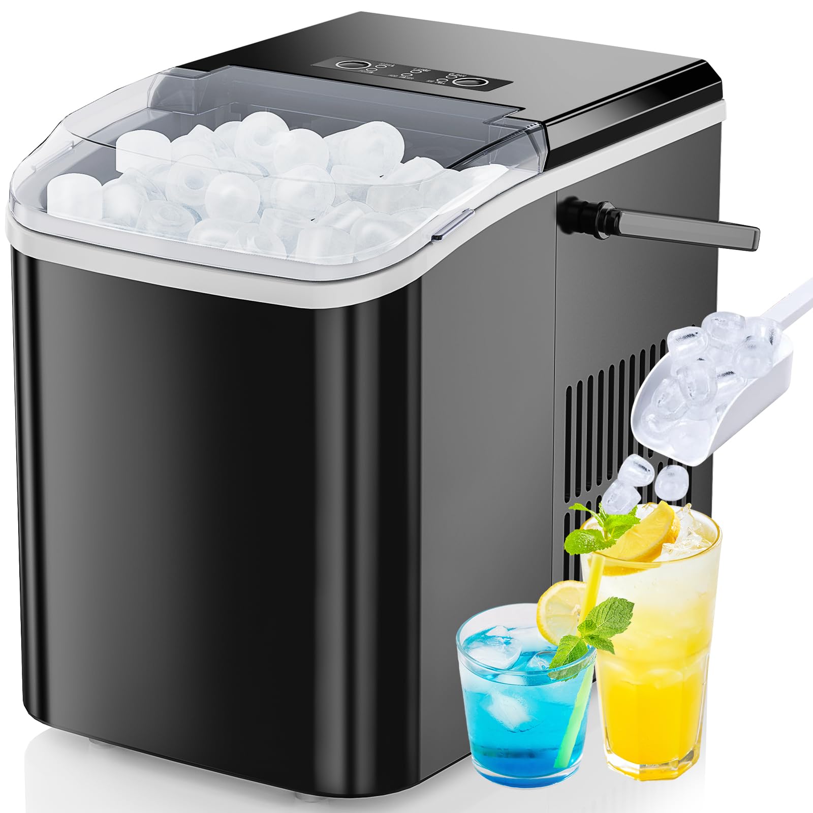 ANTONIA Countertop Ice Maker, Nugget Portable Ice Machine, 9 Bullet Ice Cubes in 6 Mins, 26.5lbs in 24Hrs Self-Cleaning with Handle, Basket, Scoop for Home, Kitchen/Party/Camping/RV. - Black