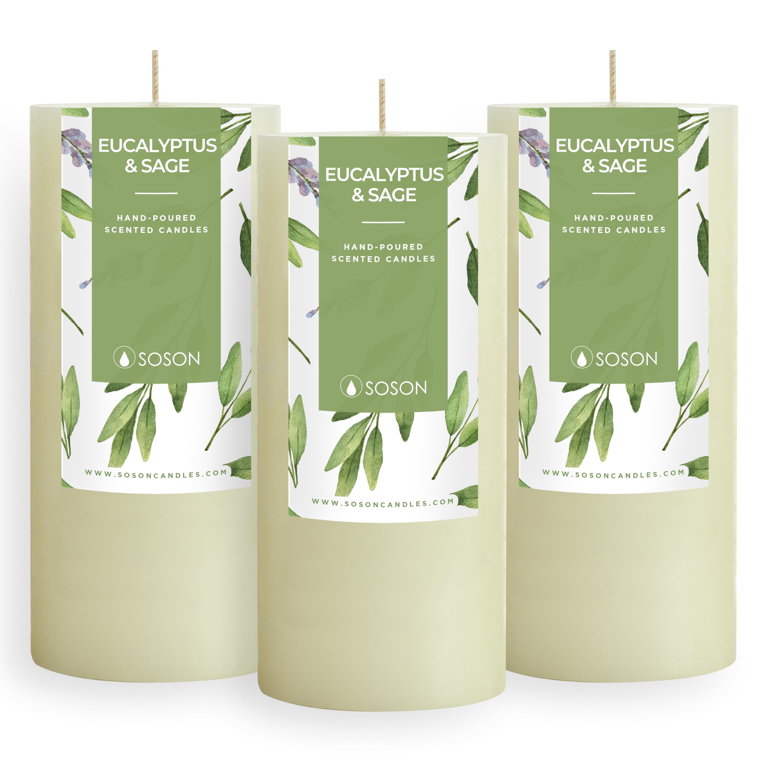 Simply Soson 3x6 inch Ivory Rustic Eucalyptus and Sage Pillar Scented Candle - 3 Pack - for Home Decor, Aromatherapy, Weddings, Restaurants, Spa, Church