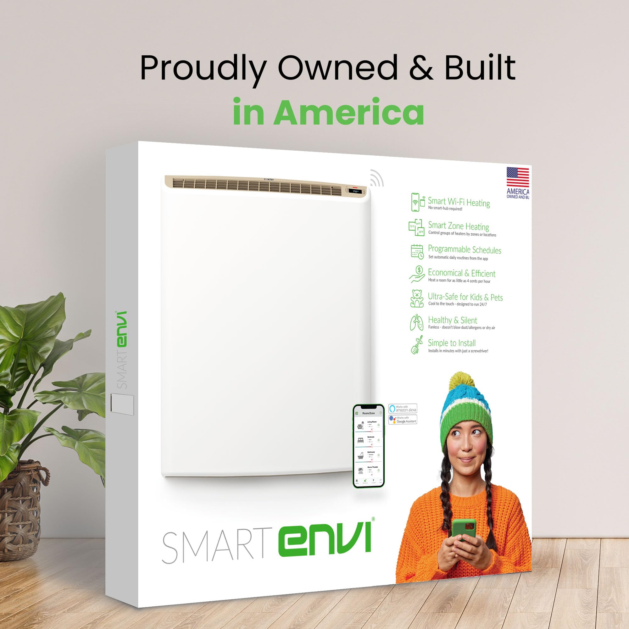 Smart Envi Wi-fi Plug-in Electric Wall Heater - Energy Efficient Smart Heaters for Indoor Use - App Controlled Electric Heater with Thermal Shut Off Switch - Compatible with Alexa & Google Home