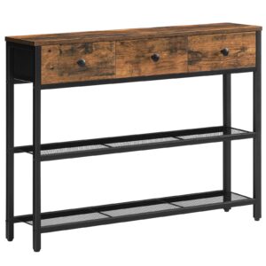 hoobro 39.4" narrow console table with 3 fabric drawers, small entryway table with 3-tier storage shelves, thin sofa table, side table, for living room, hallway, rustic brown and black bf82xg01