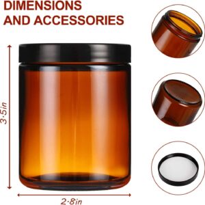 24 Pack 8 oz Amber Glass Jars with lids, Cosmetic Jars with Inner Liners and Black Lids, Lotion Jars, Candle Making Jars for Lotions, Scrubs and Cosmetic, Lables and Spatulas Include