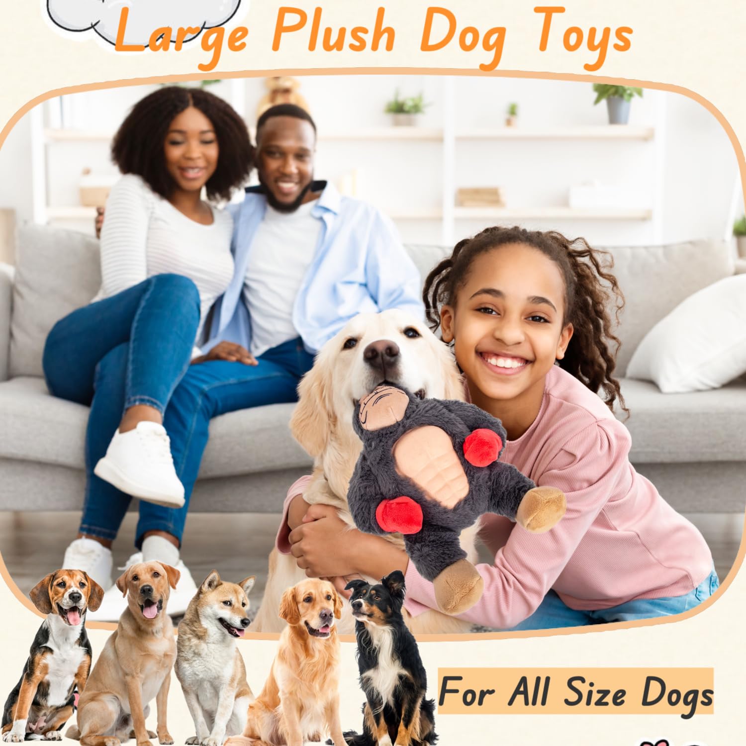 BIKIISEN Interactive Squeaky Dog Chew Toys with Natural Rubber Pectoral Muscles, Gum Massage Tough Dog Teething Toys to Keep Them Busy, Plush Tug of War Dog Toy for Small Medium Large Breed (Gorilla)