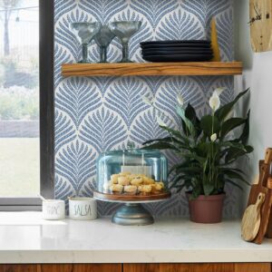 Cohoo Home Blue White Wallpaper Peel and Stick Wallpaper Boho Contact Paper for Cabinet Modern Wallpaper Self-Adhesive Wallpaper Leaf Leaves Geometric Wallpaper Bathroom Bedroom Waterproof 17.3“×393”