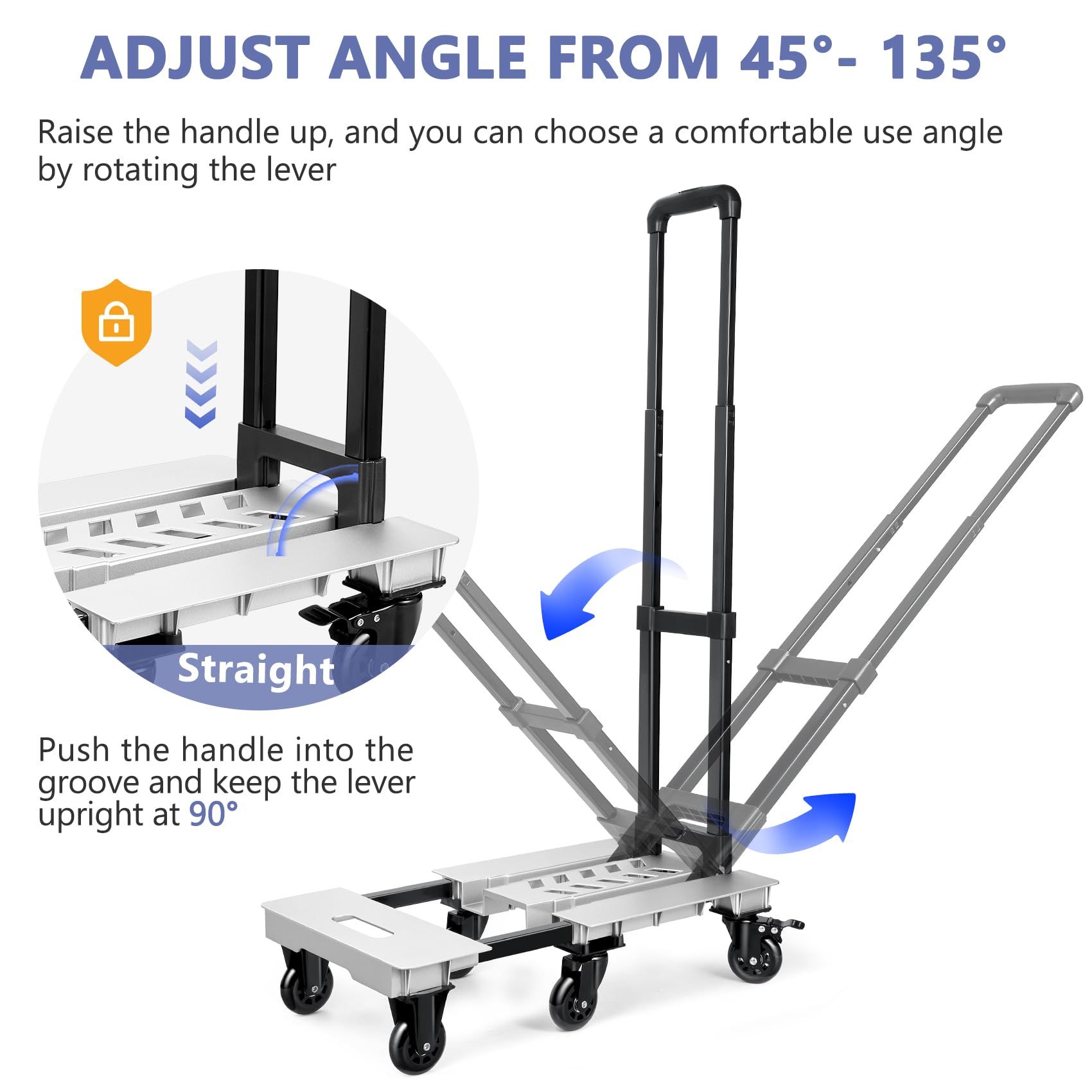 KEDSUM Aluminum Panel Folding Hand Truck Dolly, 90 & 135° Foldable Dolly Cart, Heavy Duty Luggage Cart, Platform Cart Utility Cart with 6 Wheels & 2 Lashing Straps for Moving, Travel, Shopping Use