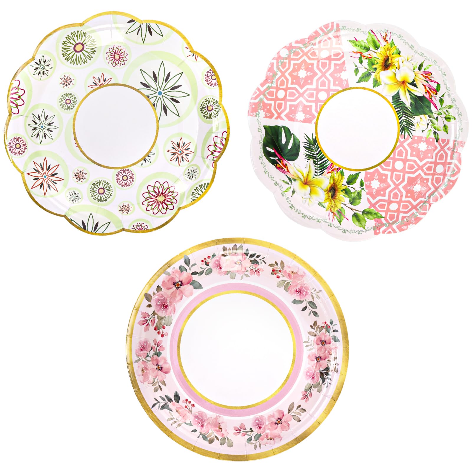 Yarlung 96 Pcs Paper Tea Cups and Plates, Disposable 9oz Teacups with Handle 6 Inch Saucers Sets for Tea Party Decorations, Mother's Day, Birthday Favors, Floral 3 Designs