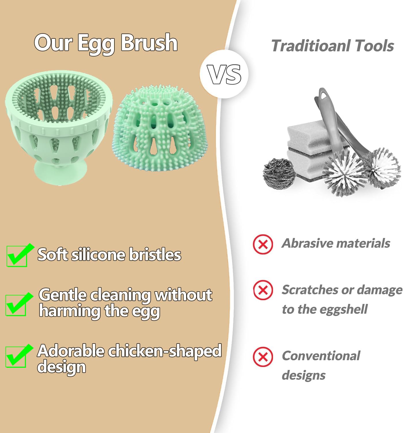 KITHELP Egg Brush Cleaner, Silicone Egg Cleaner for Fresh Eggs, Soft Egg Washer Rotary Egg Washer Reusable and Easy to Clean Egg Washing Brush for Egg Duck Egg Goose Egg (Green)