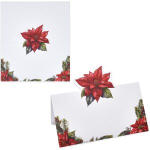 100 Pack Christmas Place Cards Holiday Seating Name Card Die Cut Xmas Poinsettia Flower Table Setting Folded Paper Tent Cards for Winter Dinner Wedding Tables Placement Party Decorations 2" x 3.5"