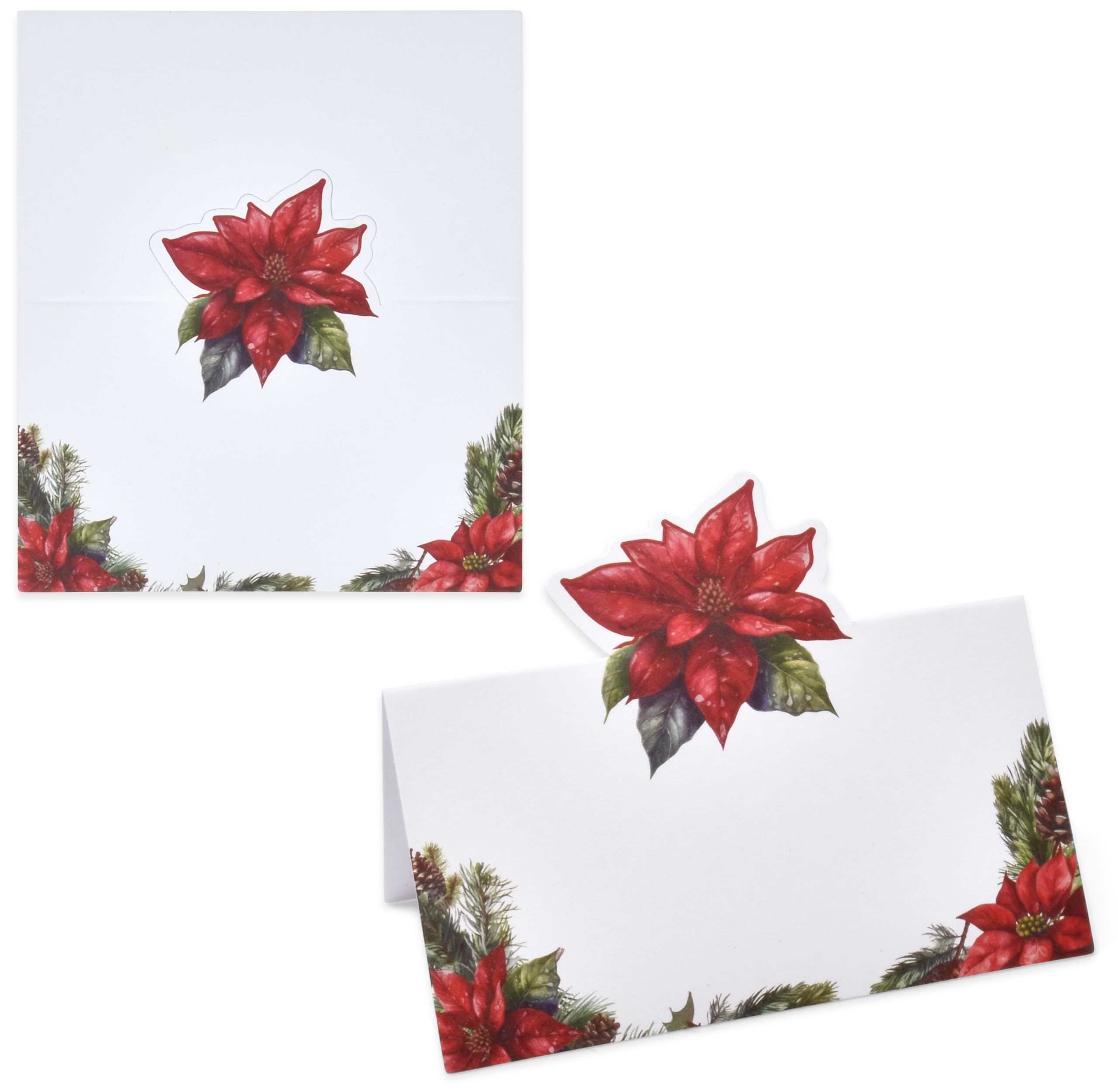 100 Pack Christmas Place Cards Holiday Seating Name Card Die Cut Xmas Poinsettia Flower Table Setting Folded Paper Tent Cards for Winter Dinner Wedding Tables Placement Party Decorations 2" x 3.5"