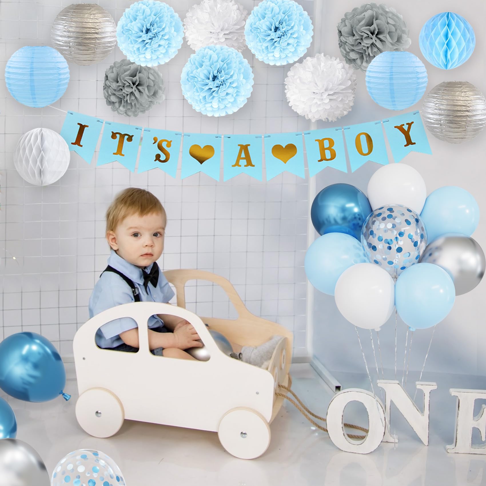 Ouddy Party Blue Baby Shower Decorations for Boy with Its a Boy Banner, Baby Boy Letter Metallic Blue Gray Silver Balloon Paper Pom Poms Honeycomb Ball for Boy Baby Shower Gender Reveal Party Supplies