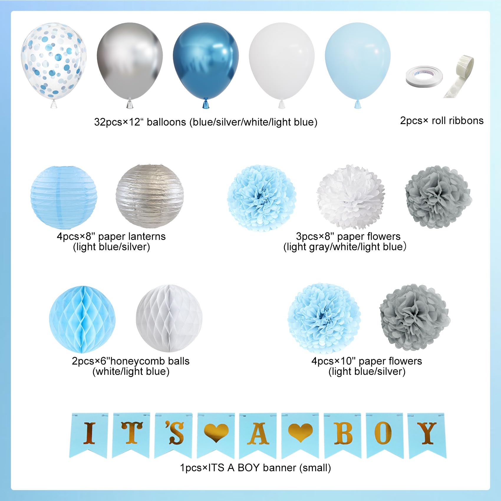 Ouddy Party Blue Baby Shower Decorations for Boy with Its a Boy Banner, Baby Boy Letter Metallic Blue Gray Silver Balloon Paper Pom Poms Honeycomb Ball for Boy Baby Shower Gender Reveal Party Supplies