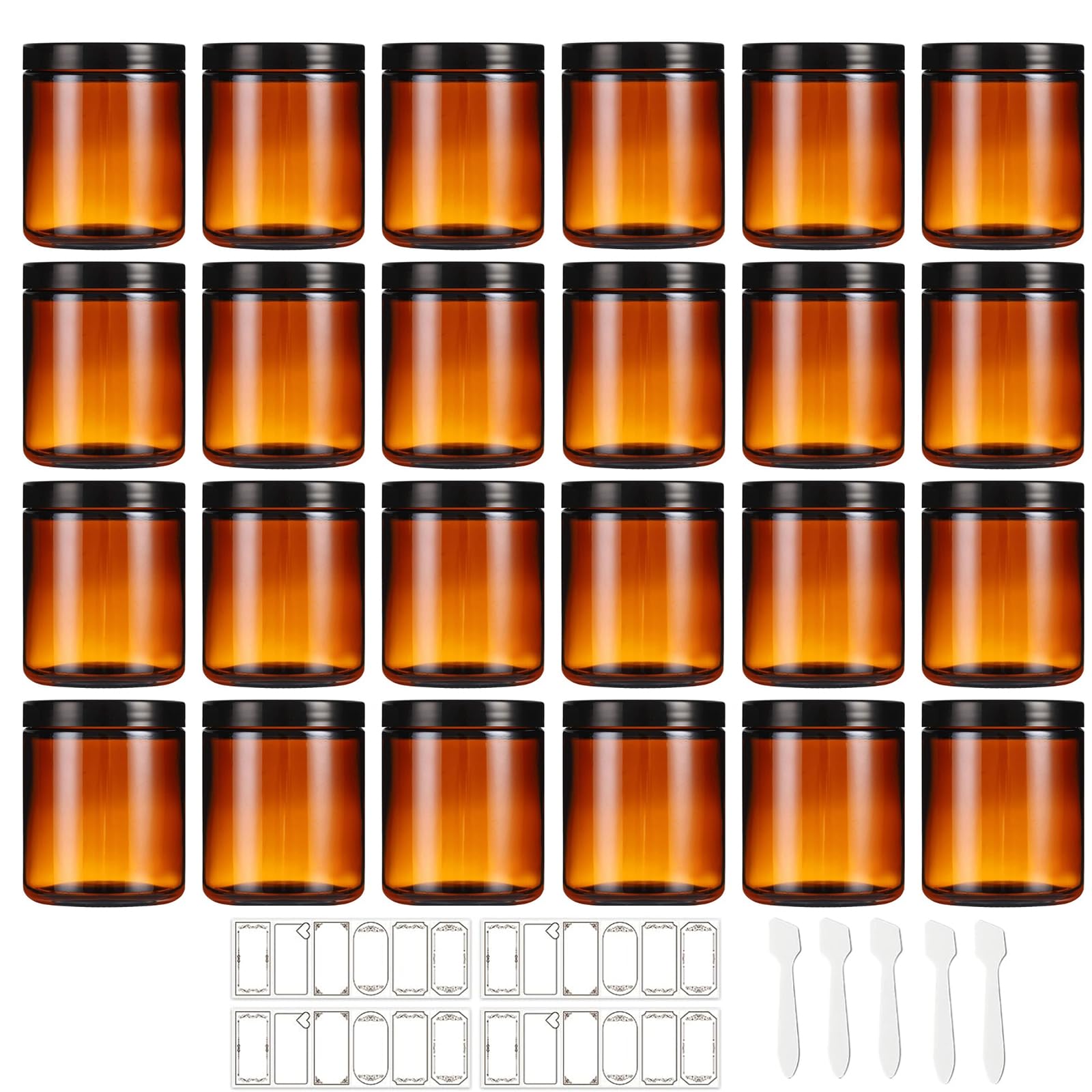 24 Pack 8 oz Amber Glass Jars with lids, Cosmetic Jars with Inner Liners and Black Lids, Lotion Jars, Candle Making Jars for Lotions, Scrubs and Cosmetic, Lables and Spatulas Include