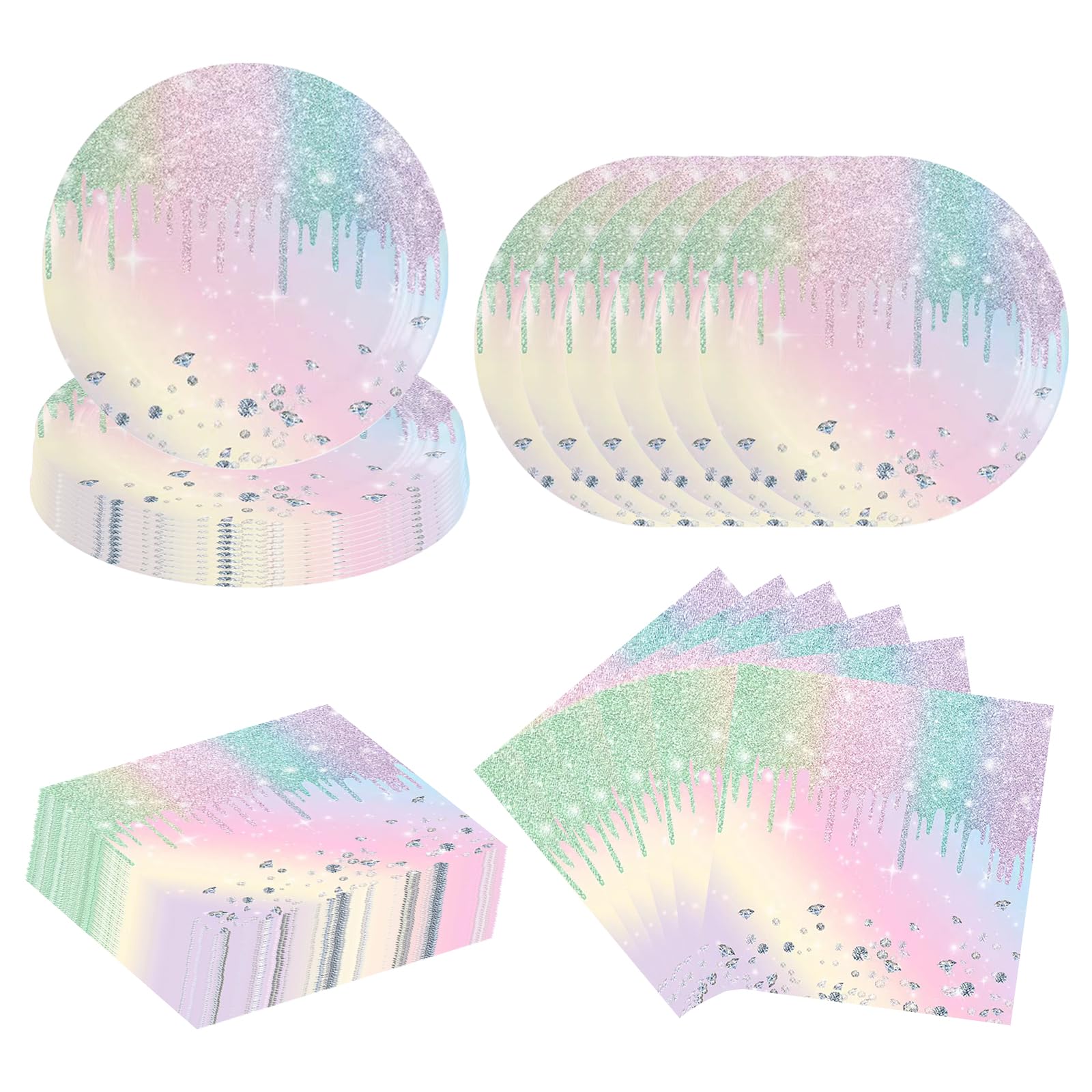 Lousuip 80PCS Iridescent Diamond Party Supplies Disposable Holographic Paper Plates and Napkins Party Tableware for Birthday Cocktail Bridal Shower Graduation Wedding Party Decorations