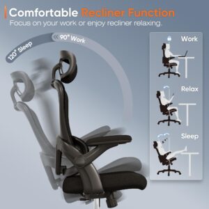 Ergonomic Office Chair, High Back Mesh Desk Chair with Adjustable Lumbar Support, 3D Flip-Up Arms, Headrest, Swivel Rolling Wheel, Big and Tall Comfy Wide Work Task Computer Gaming Chairs for Adults