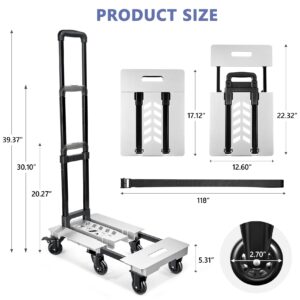 KEDSUM Aluminum Panel Folding Hand Truck Dolly, 90 & 135° Foldable Dolly Cart, Heavy Duty Luggage Cart, Platform Cart Utility Cart with 6 Wheels & 2 Lashing Straps for Moving, Travel, Shopping Use