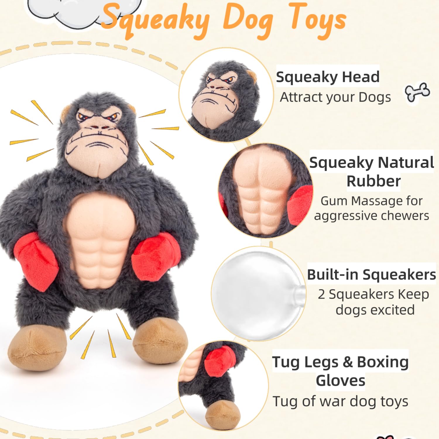 BIKIISEN Interactive Squeaky Dog Chew Toys with Natural Rubber Pectoral Muscles, Gum Massage Tough Dog Teething Toys to Keep Them Busy, Plush Tug of War Dog Toy for Small Medium Large Breed (Gorilla)