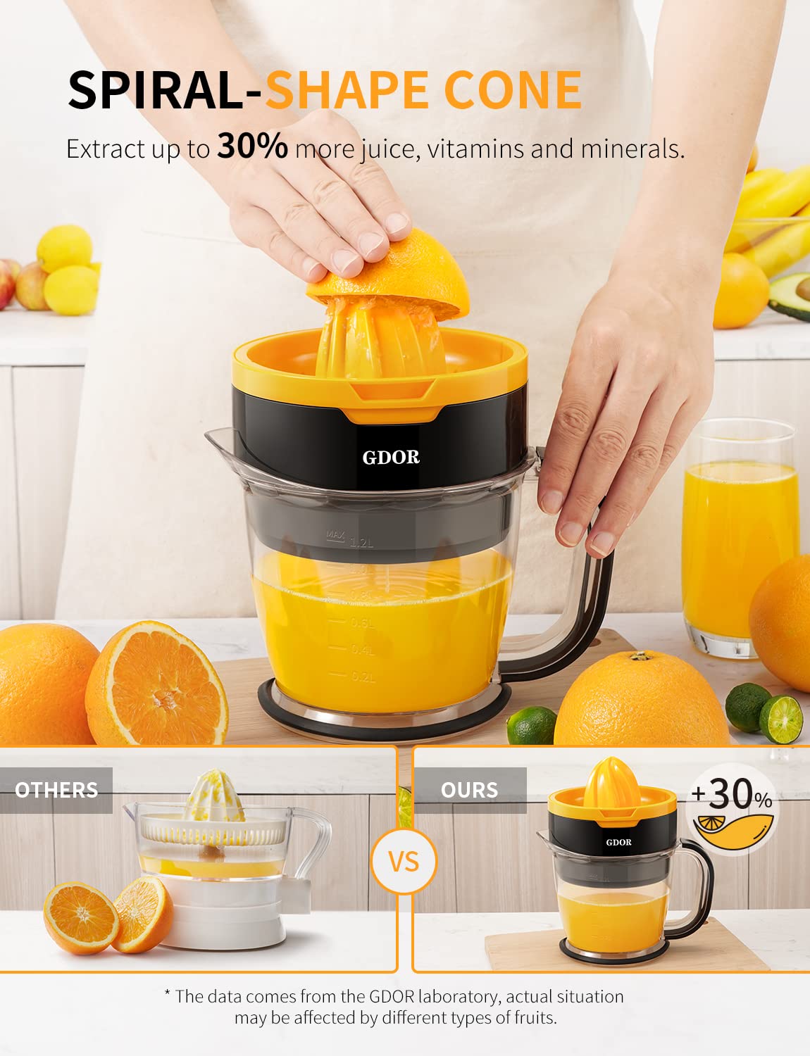 GDOR 41 Oz Citrus Juicer with Spiral-Shape Cone, Powerful Orange Juicer, Electric Juicer for Lemon, Lime & Others Citrus Fruits, Grapefruit Juice Extractor with Easy Pour Spout, BPA-Free, Easy Clean