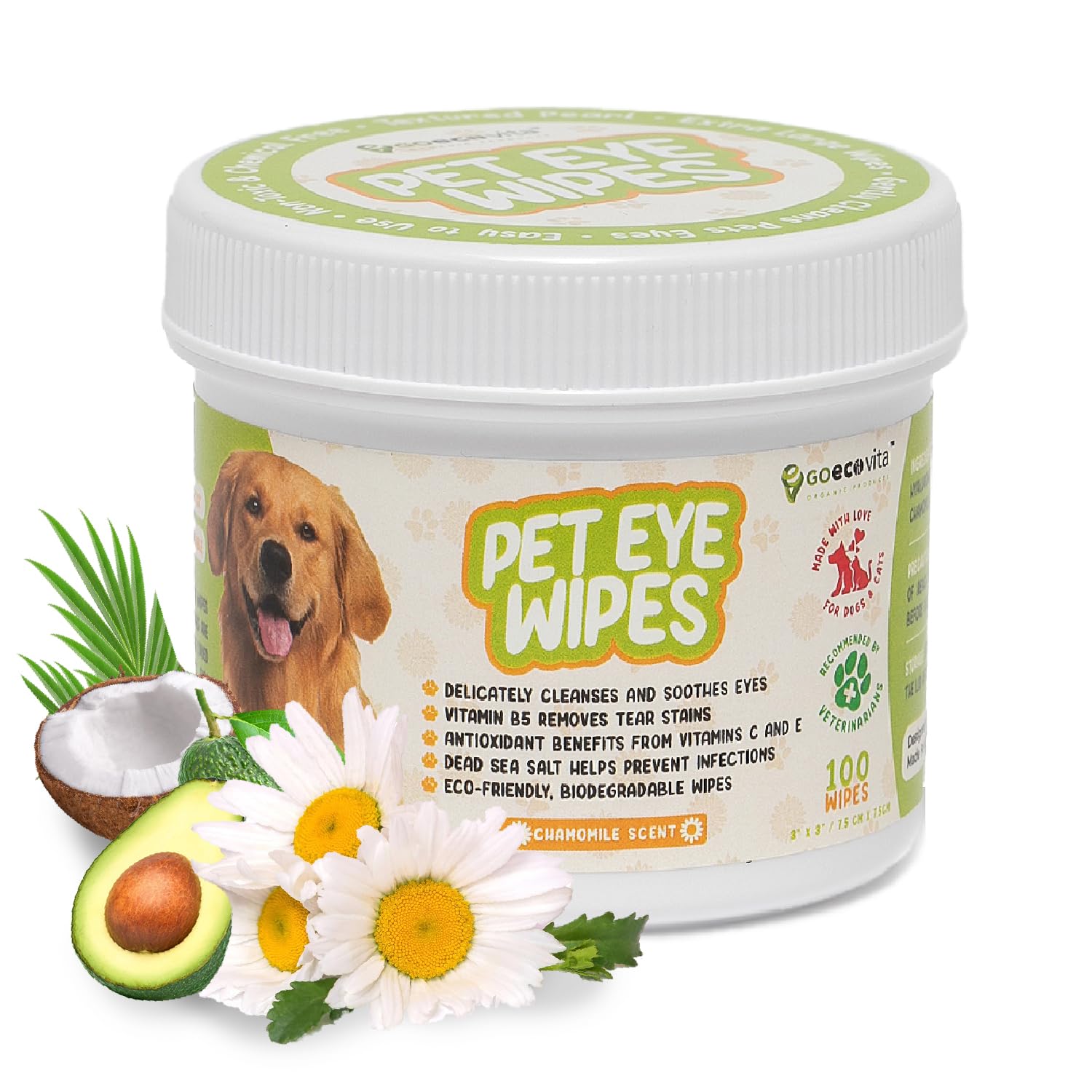 GoEcoVita Pet Eye Wipes for Dogs & Cats | Gently Removes Tear Stains, Eye Debris, Discharge, Mucus Secretions | Chamomile Oil Pet Cleaning & Deodorizing Wipes for Eyes & Stains (100 Count)