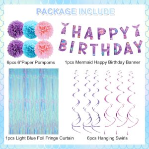 Mermaid Birthday Party Decorations Supplies Hanging Swirls Banner Fringe Curtain Tissue Pom Poms Purple Blue Pink Mermaid Foil Balloon Mermaid Theme Party Baby Shower for Kids Girls Women