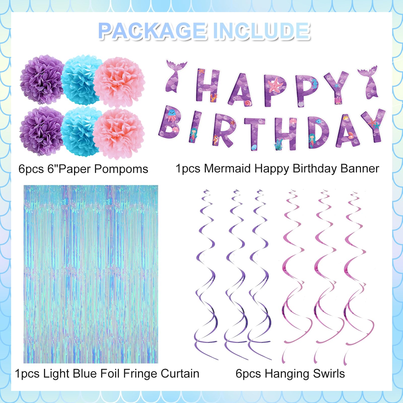 Mermaid Birthday Party Decorations Supplies Hanging Swirls Banner Fringe Curtain Tissue Pom Poms Purple Blue Pink Mermaid Foil Balloon Mermaid Theme Party Baby Shower for Kids Girls Women