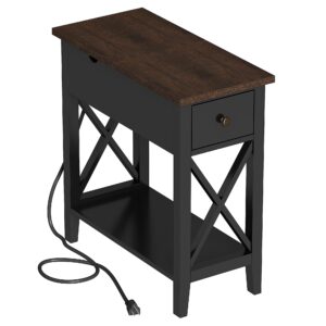 ChooChoo End Table with Charging Station, Accent Small Side Table Nightstand for Living Room, Bedroom, and Small Spaces, Rustic Black