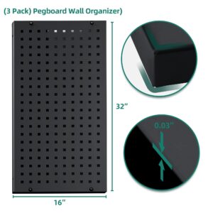 YITAHOME Garage Metal Pegboard Panels 3Pcs, Pegboard Storage System for Wall Utility Tools, Workbench, Shop, Shed Modular Peg Board Organizer Board Kit, Black