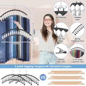 3 Pack Legging Organizer for Closet Hanging, Pants Hangers with 15 Clips Holds 45 Leggings, Shorts, Skirts, Jeans, Hats, Pants Hangers Space Saving Clothes Racks Closet Organizers and Storage, Black