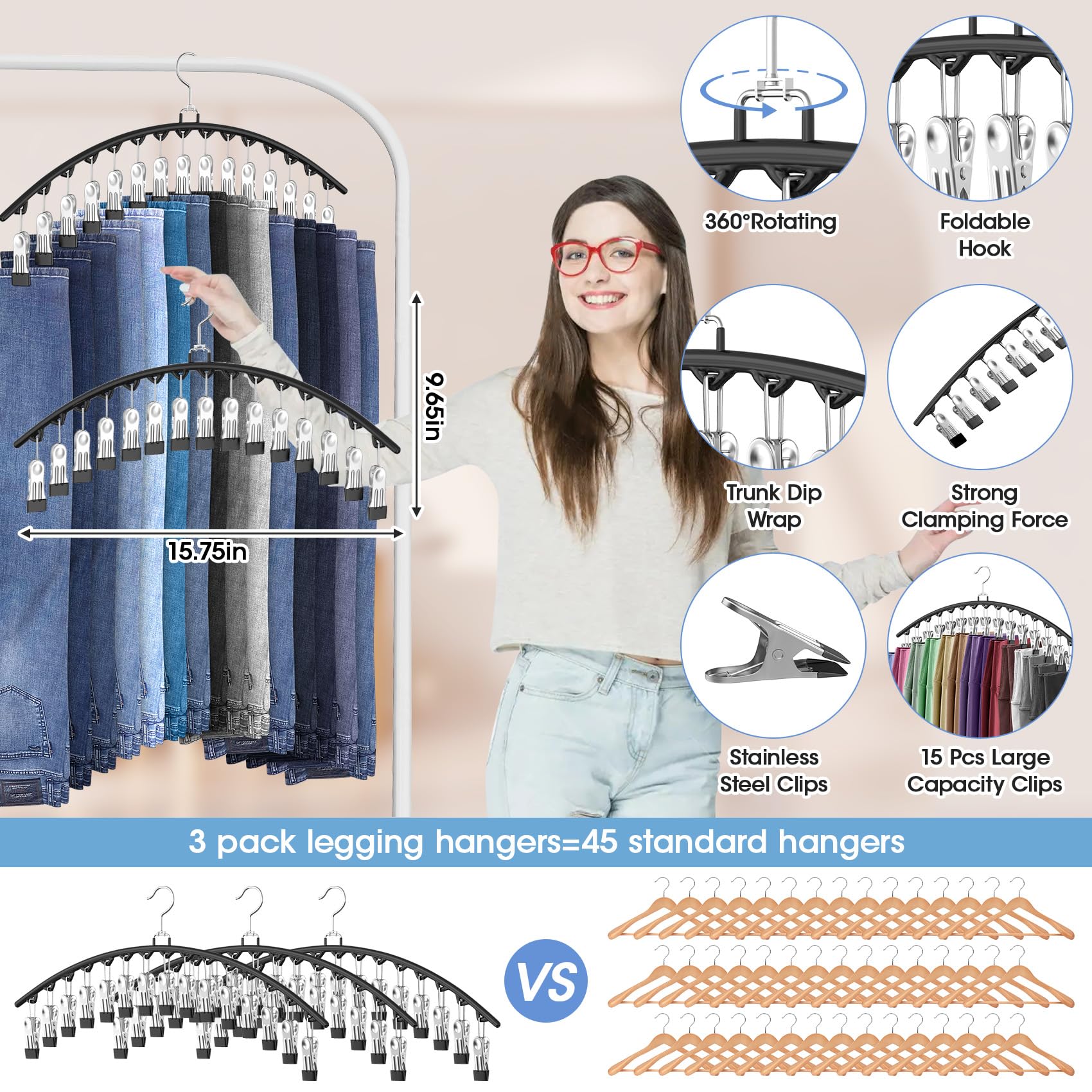 3 Pack Legging Organizer for Closet Hanging, Pants Hangers with 15 Clips Holds 45 Leggings, Shorts, Skirts, Jeans, Hats, Pants Hangers Space Saving Clothes Racks Closet Organizers and Storage, Black