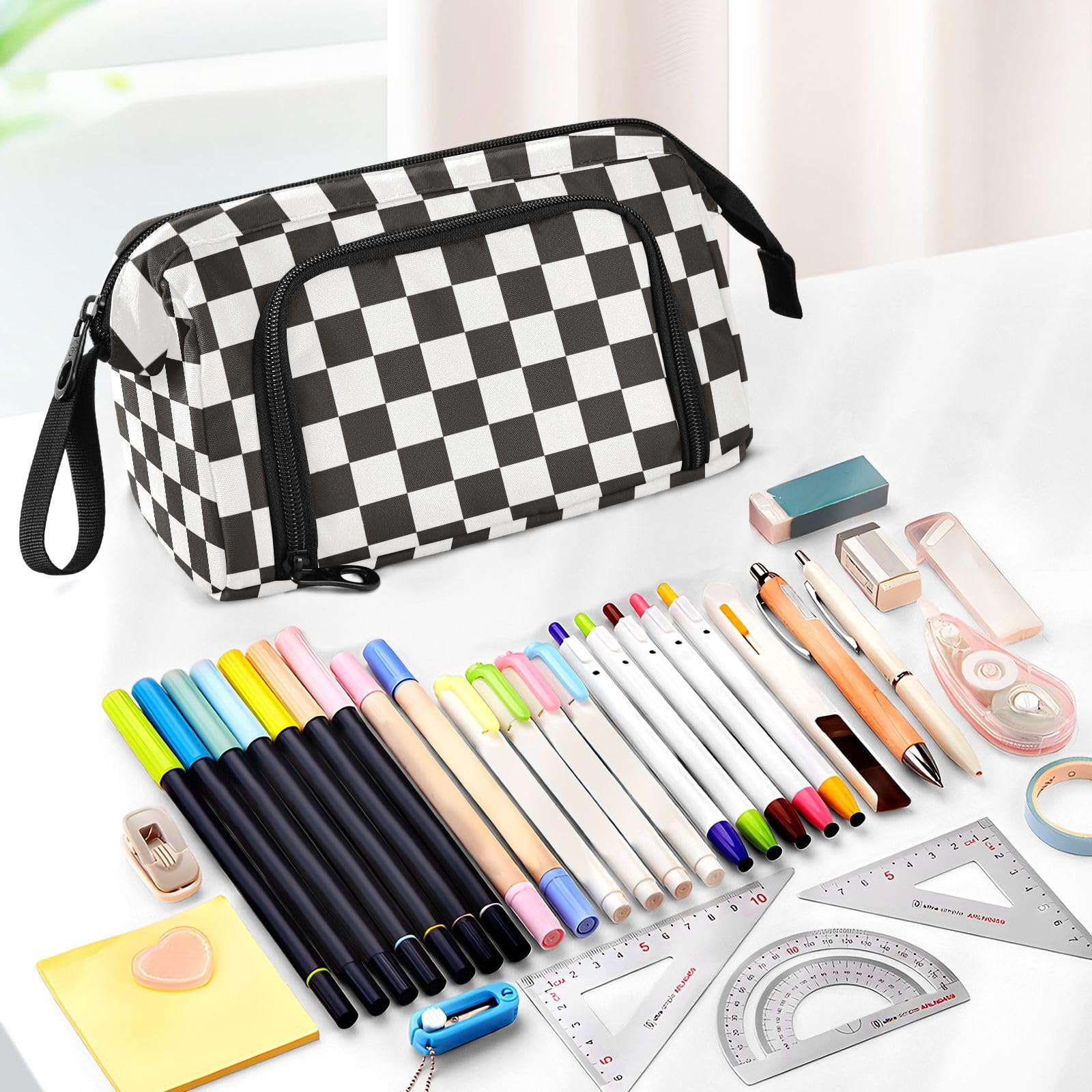 ElliTarr Pencil Case Pouch Bag Organizer Aesthetic Pen Case for Teen Girls Boys and Adults Large Capacity Portable Gift Choice Checkered Black and White