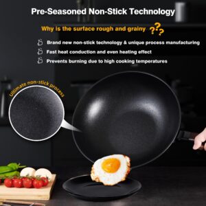 Teewe Carbon Steel Wok -13 Inch Woks & Stir-fry Pans Nonstick, Wok Pan with Lid Spatula and Dish Brush: Pre-Seasoned Flat Bottom Chinese Wok for Induction, Electric, Gas, All Stoves