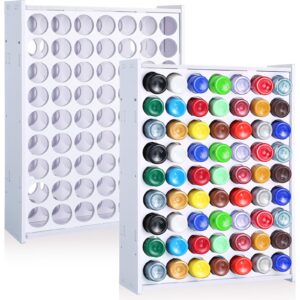 sunnychicc 2 pcs 63 holes craft paint storage organizer vertical paint rack stand wall mounted paint organizers and storage removable paint holder 2 oz paint bottle organizer for art supplies, white