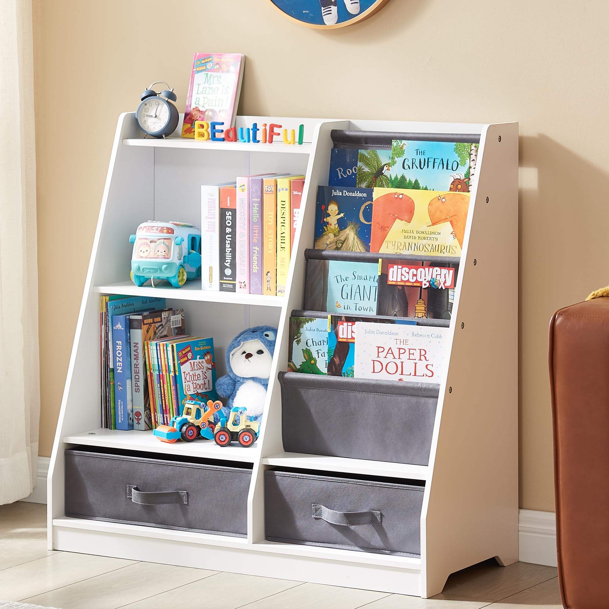 GABHX Kids Bookshelf with Storage Drawers and Layer Sling Bookcase, 4 Tier Toddlers Book and Toy Organizer and Dispaly Cabinet for Playroom, Kids Room, Classroom, Nursery (White)