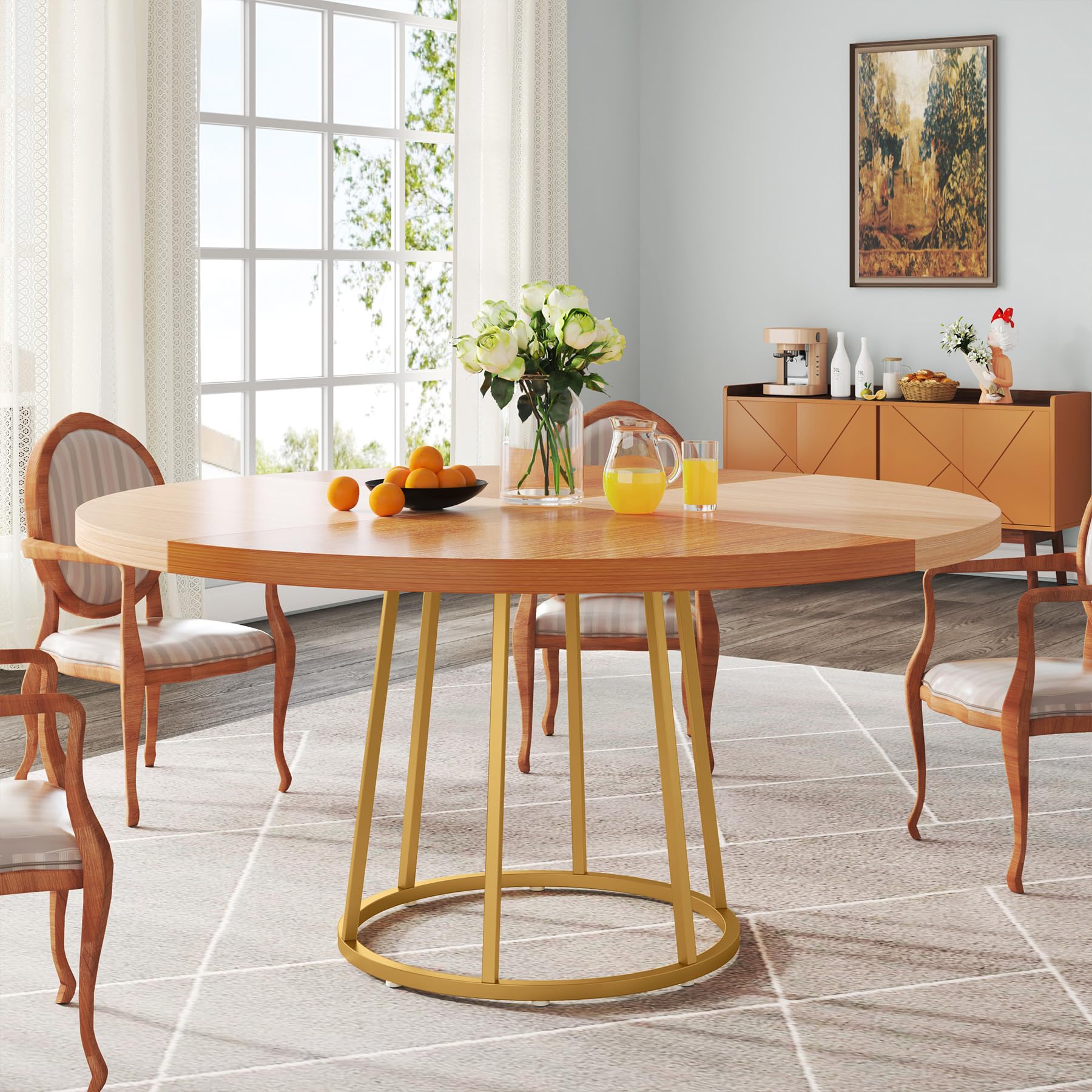 Tribesigns Round Dining Table for 4, 47 inch Kitchen Table Large Dinner Table with Circle Golden Metal Base Wood Grain Top for Home Kitchen Dining Room Living Room, Gold Maple(Only Table)