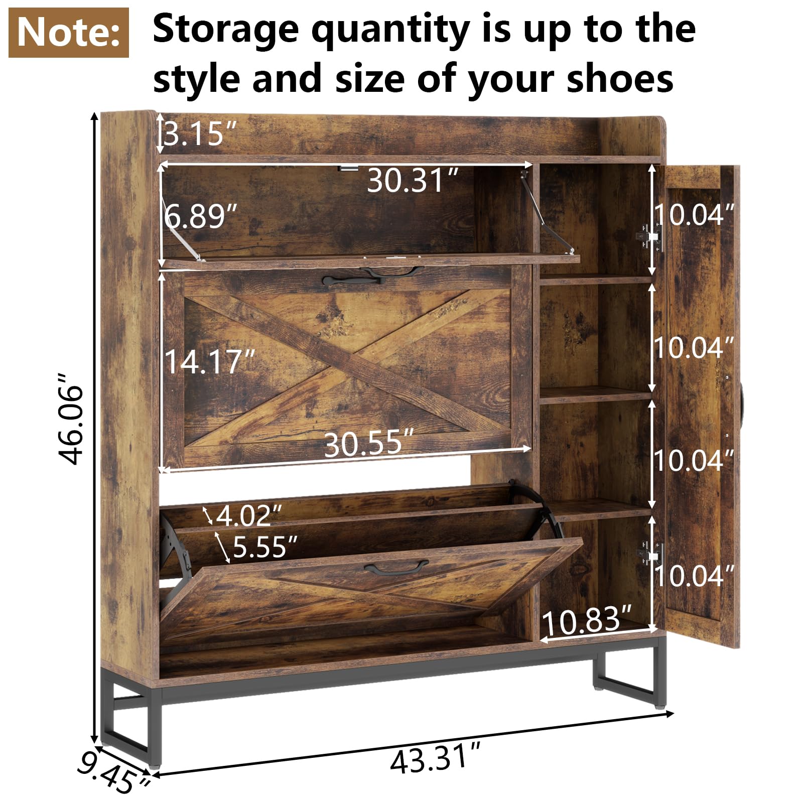 Auromie Shoe Storage Cabinet, Free Standing Shoe Organizer with 2 Flip Drawers, Shoe Rack with Adjustable Side Cabinet, Entryway Narrow Shoe Storage with Door for Hallway, Living Room (Rustic Plus)