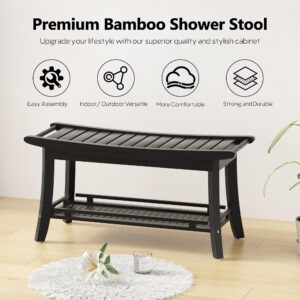 Eastglory Bamboo Shower Bench Chair Bathroom Shower Stool Seat for Inside Shower Bathtub with Storage Shelf Shower Foot Rest for Shaving Legs 39 x 13 x 19.2 Inches Black