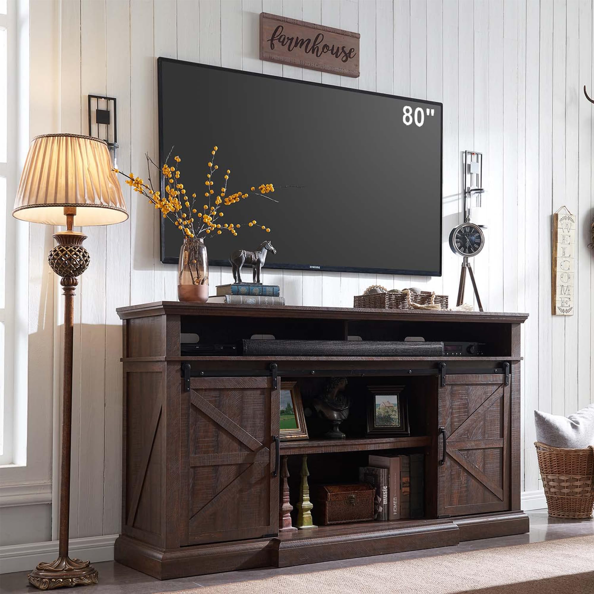 Farmhouse TV Stand for 80 Inch TVs, 39" Tall Entertainment Center w/Storage Cabinets and Sliding Barn Door, Media Console Cabinet w/Soundbar & Adjustable Shelves for Living Room, 70inch (Brown)