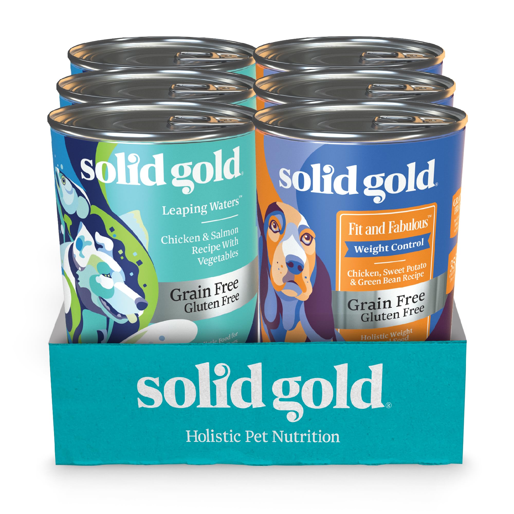 Solid Gold Wet Dog Food Variety Pack for Picky Eaters - Fit & Fabulous Chicken + Leaping Waters Chicken & Salmon Grain Free Canned Dog Food - Made with Real Protein for Sensitive Stomachs - 6 Pack