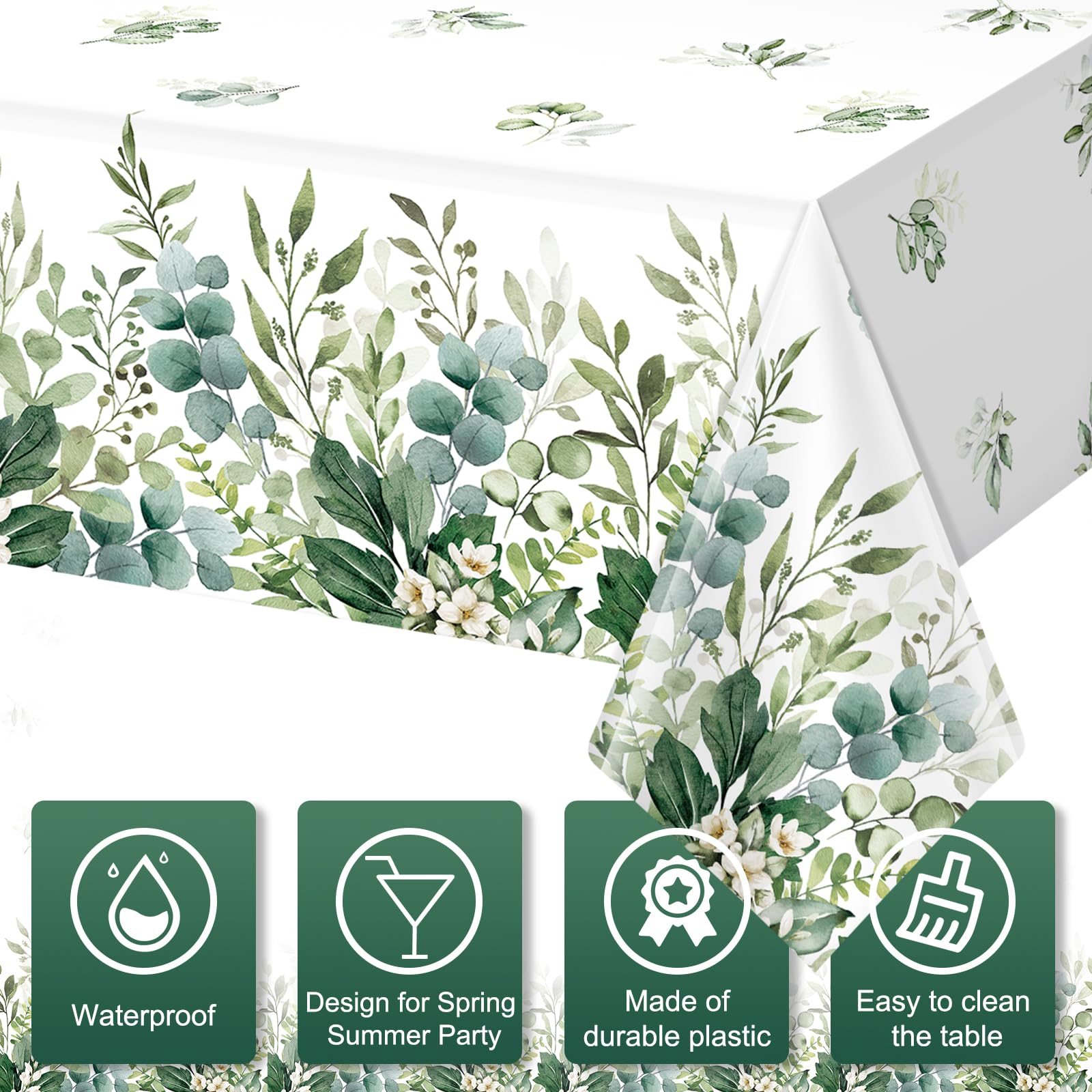 3 Pack Spring Sage Green Baby Shower Plastic Tablecloth, Eucalyptus Leaf Disposable Table Cover, Summer Rectangle Table Cloth for Bridal Baby Shower Birthday Wedding Party Decorations, 54x108 Inch