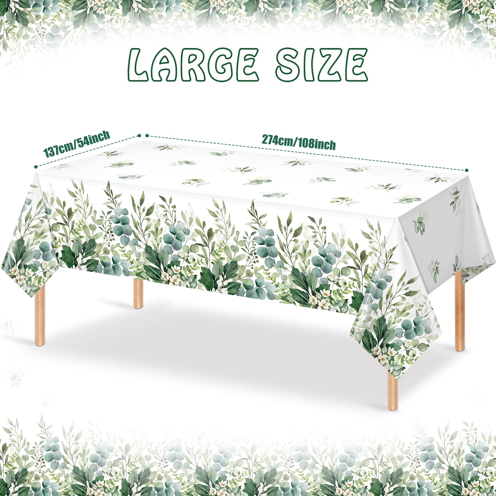 3 Pack Spring Sage Green Baby Shower Plastic Tablecloth, Eucalyptus Leaf Disposable Table Cover, Summer Rectangle Table Cloth for Bridal Baby Shower Birthday Wedding Party Decorations, 54x108 Inch