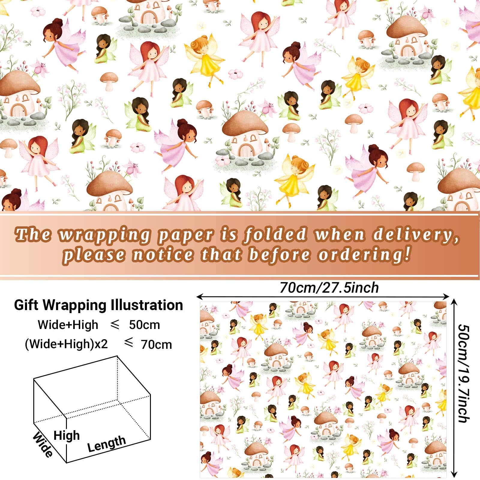 12 Sheets 28 * 20 Inches Woodland Fairy Wrapping Paper Mushroom Flowers Fairy Patterned Gift Wrap Paper for Baby Shower Spring Holidays Birthday Party DIY Craft