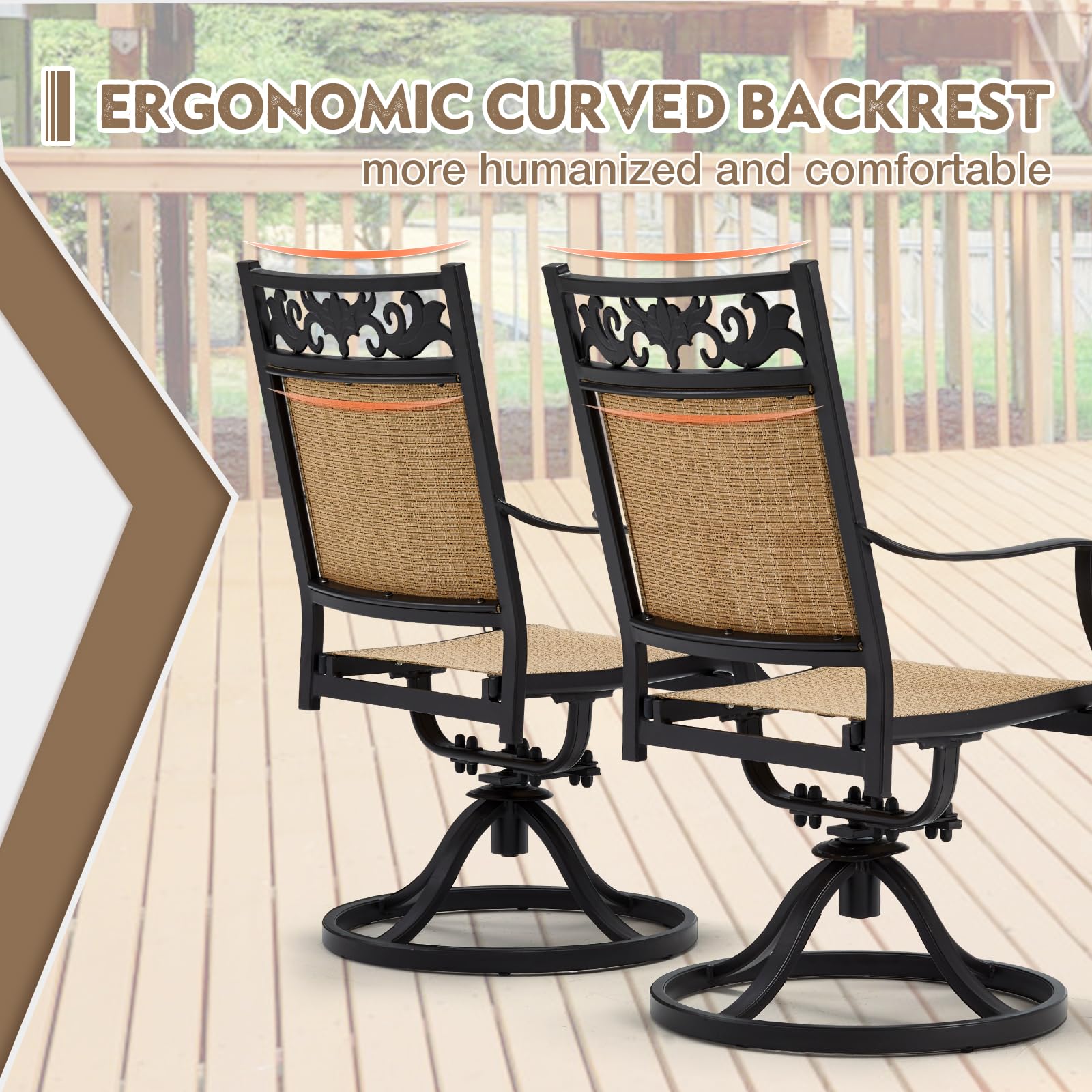 EROMMY Patio Swivel Chairs Set of 2, All-Weather Cast Aluminum Patio Sling Dining Chairs, Outdoor Swivel Rocker Chairs for Backyard, Garden, Deck, Porch, Balcony, Brown