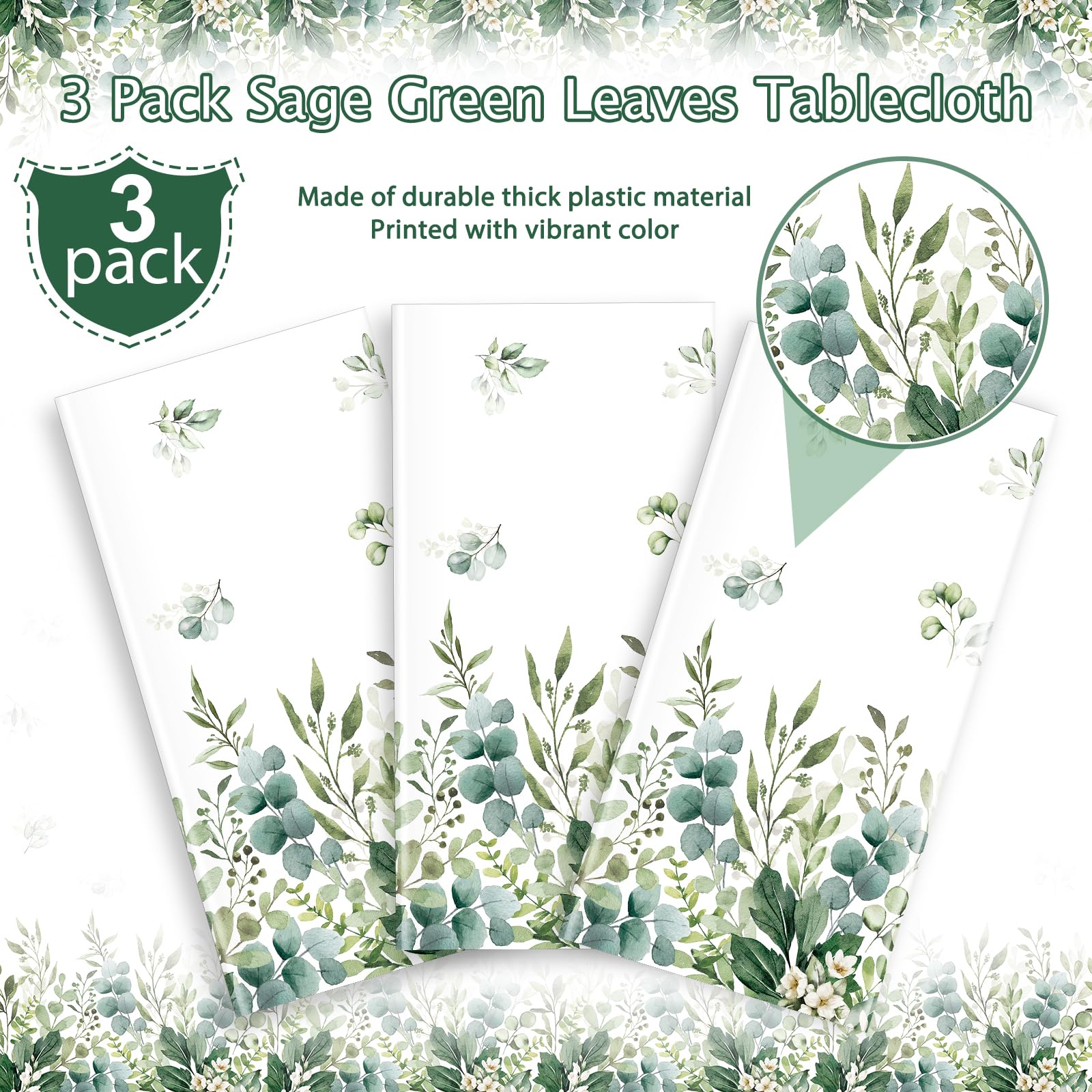 3 Pack Spring Sage Green Baby Shower Plastic Tablecloth, Eucalyptus Leaf Disposable Table Cover, Summer Rectangle Table Cloth for Bridal Baby Shower Birthday Wedding Party Decorations, 54x108 Inch