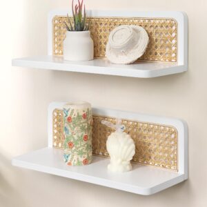 Maxpeuvon Rattan Floating Shelves, Boho Cane Webbing Wall Shelves Farmhouse Display Storage Organizer White Bookshelves Wicker Room Decor for Living Room Bedroom Entryway Hallway Bathroom, Set of 2