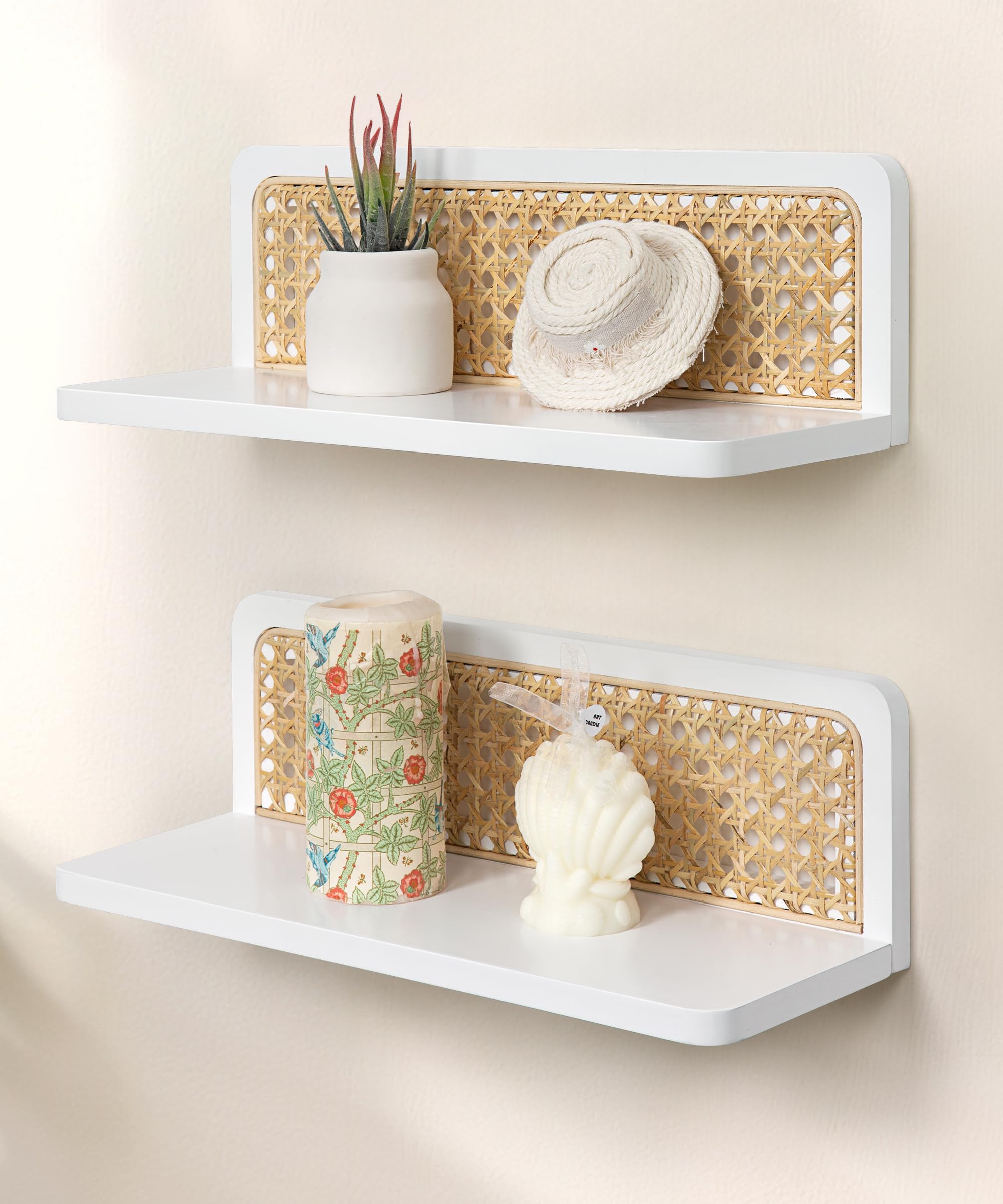 Maxpeuvon Rattan Floating Shelves, Boho Cane Webbing Wall Shelves Farmhouse Display Storage Organizer White Bookshelves Wicker Room Decor for Living Room Bedroom Entryway Hallway Bathroom, Set of 2