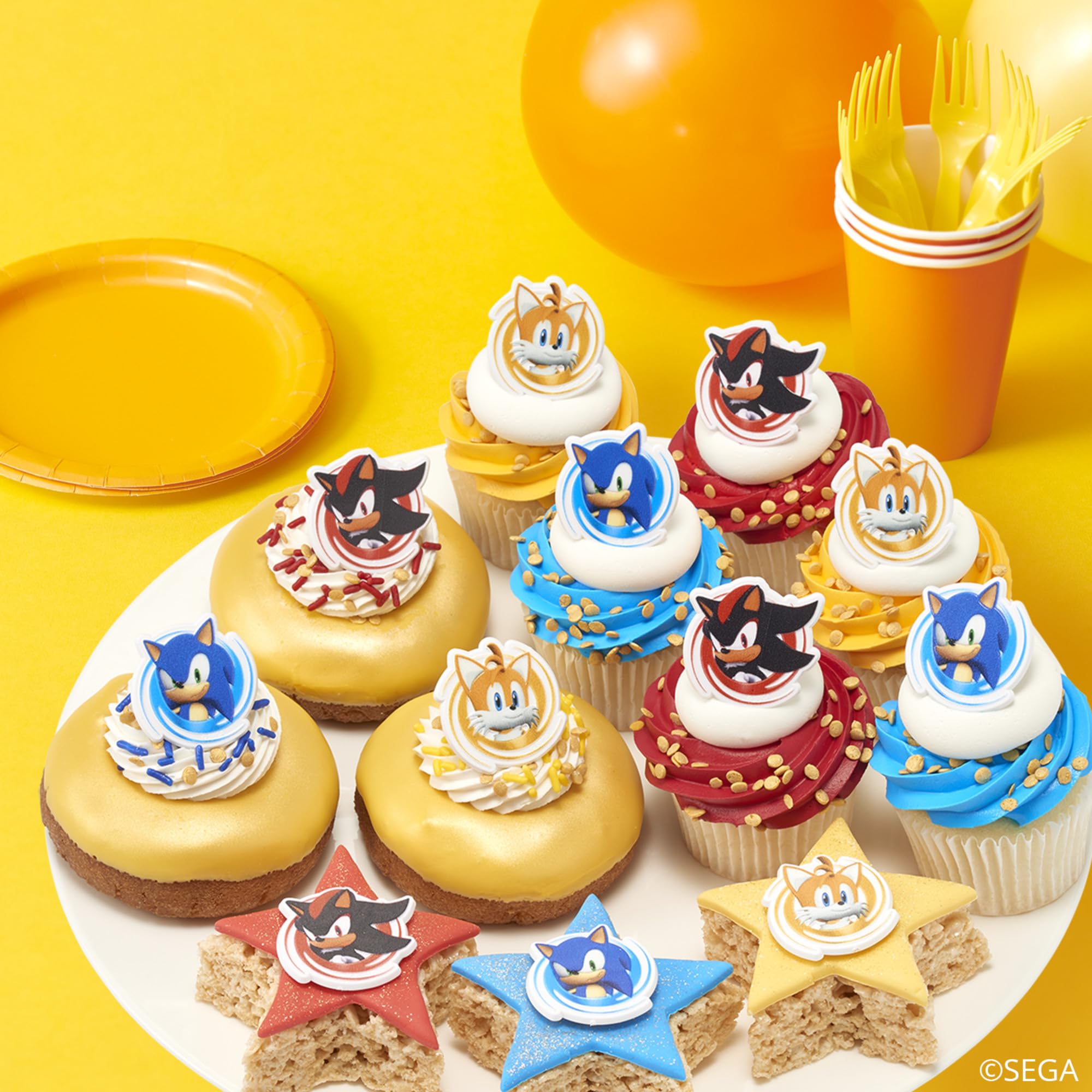 DecoPac Sonic the Hedgehog Rings, Cupcake Decorations Featuring Sonic, Tails, and Shadow - 24 Pack